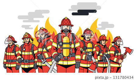 Cartoon firefighter team in uniform and helmets 131780434