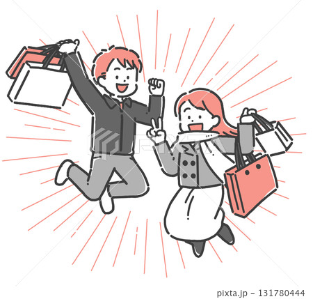 買い物をして喜ぶ若い男女 131780444