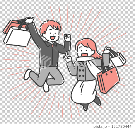 買い物をして喜ぶ若い男女 131780444