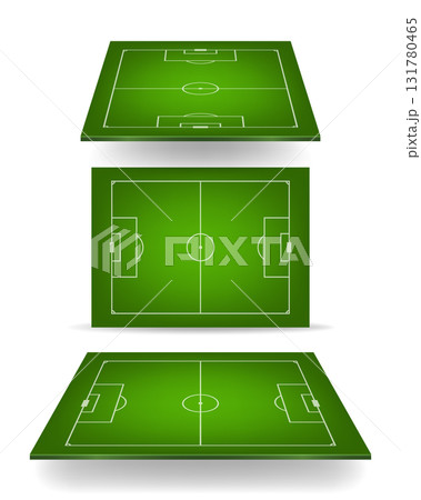 Soccer Field Set, Vector Illustration. Green Soccer Field Top View, Isometric and Perspective Soccer Field Layout, Football Pitch Markings, Stadium, Board Background 131780465