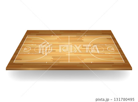 Basketball Court Top View on Wooden Floor. Basketball Court Layout with Lines and Markings. Basketball Court Background. Parquet Hardwood Indoor Arena, Sports Field Template 131780495