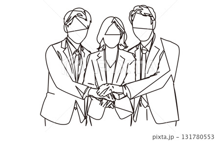 力を合わせるビジネスパーソンのシンプルな線画イラスト素材 131780553