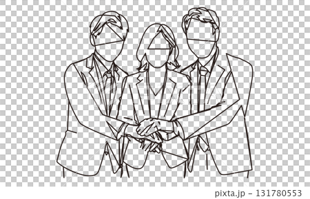 力を合わせるビジネスパーソンのシンプルな線画イラスト素材 131780553