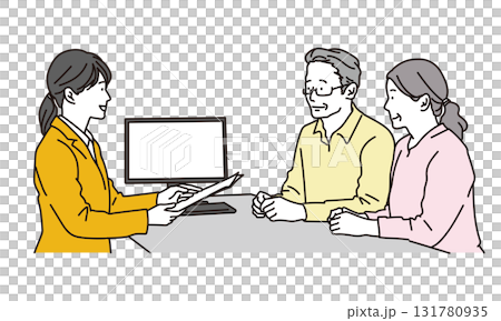 一對老年夫婦在諮詢台接受解釋的插畫素材 131780935