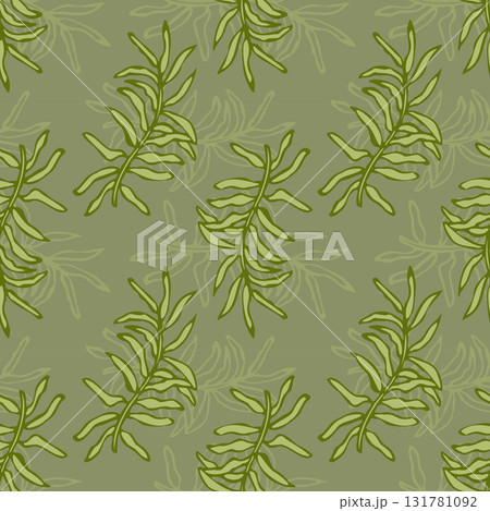 Moss twigs hand drawn doodle on green background, seamless pattern. 131781092