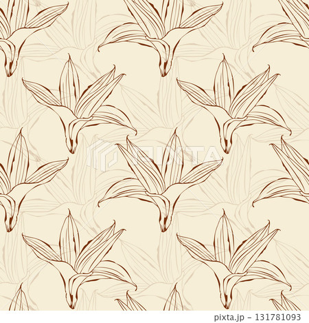 Vanilla flowers, drawn outlines flowers on creamy beige background. Seamless pattern. 131781093