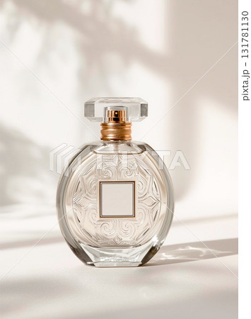 Mockup with perfume glass bottle, template for beauty and care, fragrances and harmony. Generated by Ai. Mockup with perfume glass bottle, template for beauty and care, fragrances and harmony. Generated by Ai. 131781130