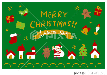 かわいい手描き風のクリスマス冬セールバナーイラスト、サンタクロースとトナカイ、プレゼントやツリーが並 131781189