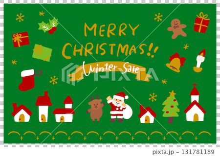 かわいい手描き風のクリスマス冬セールバナーイラスト、サンタクロースとトナカイ、プレゼントやツリーが並 131781189