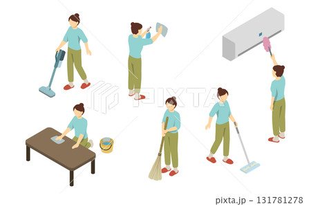 アイソメトリックイラスト：掃除する女性 131781278