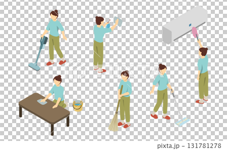 アイソメトリックイラスト：掃除する女性 131781278