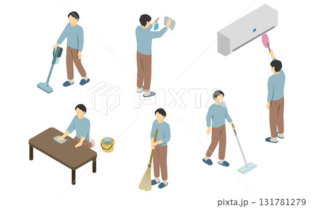 アイソメトリックイラスト：掃除する男性 131781279