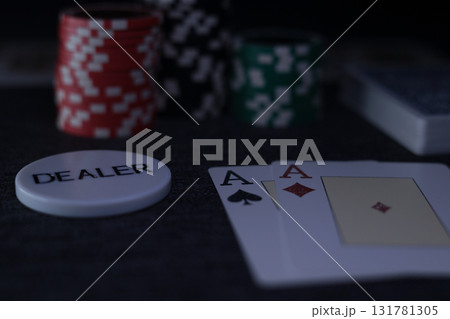 the poker game in casino chips cards and the poker table 131781305