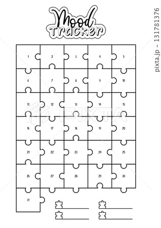 Puzzle Piece Mood Tracker. Simple monthly mood tracker calendar in the form of a puzzle. Printable worksheet template for coloring. Perfect for bullet journals, planners, diaries, emotional awareness Puzzle Piece Mood Tracker. Simple monthly mood tracker calendar in the form of a puzzle. Printable worksheet template for coloring. Perfect for bullet journals, planners, diaries, emotional awareness 131781376