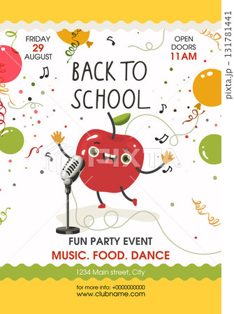 Cute vector red apple dancing and singing in a retro metal microphone surrounded by colored balls and confetti Cute vector red apple dancing and singing in a retro metal microphone surrounded by colored balls and confetti 131781441