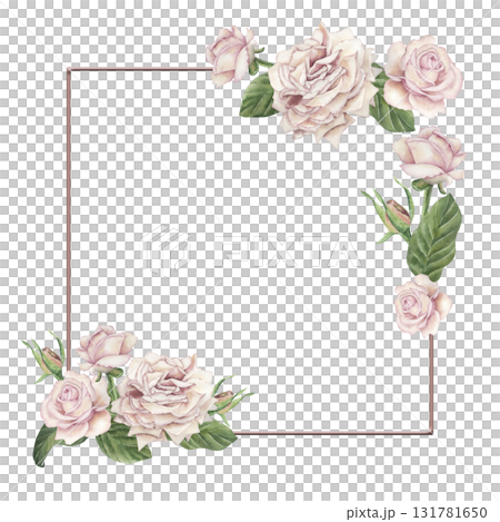 Watercolor floral frame with soft pink roses and green leaves. Elegant botanical border for wedding invitations, greeting cards, posters, or romantic design projects. Vintage flower artwork Watercolor floral frame with soft pink roses and green leaves. Elegant botanical border for wedding invitations, greeting cards, posters, or romantic design projects. Vintage flower artwork 131781650