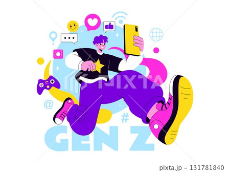 Gen Z Lifestyle Vector Illustration Featuring Growing Up with Internet and Digital Technology, Smartphones and Social Media in a Flat Style Background Gen Z Lifestyle Vector Illustration Featuring Growing Up with Internet and Digital Technology, Smartphones and Social Media in a Flat Style Background 131781840