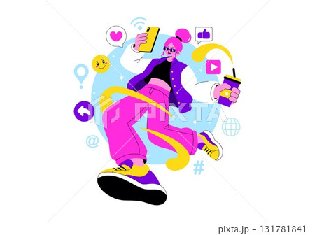 Gen Z Lifestyle Vector Illustration Featuring Growing Up with Internet and Digital Technology, Smartphones and Social Media in a Flat Style Background Gen Z Lifestyle Vector Illustration Featuring Growing Up with Internet and Digital Technology, Smartphones and Social Media in a Flat Style Background 131781841