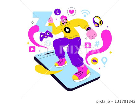 Gen Z Lifestyle Vector Illustration Featuring Growing Up with Internet and Digital Technology, Smartphones and Social Media in a Flat Style Background 131781842