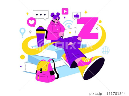 Gen Z Lifestyle Vector Illustration Featuring Growing Up with Internet and Digital Technology, Smartphones and Social Media in a Flat Style Background Gen Z Lifestyle Vector Illustration Featuring Growing Up with Internet and Digital Technology, Smartphones and Social Media in a Flat Style Background 131781844
