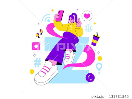 Gen Z Lifestyle Vector Illustration Featuring Growing Up with Internet and Digital Technology, Smartphones and Social Media in a Flat Style Background Gen Z Lifestyle Vector Illustration Featuring Growing Up with Internet and Digital Technology, Smartphones and Social Media in a Flat Style Background 131781846