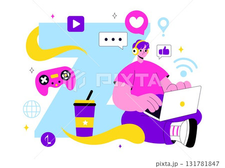 Gen Z Lifestyle Vector Illustration Featuring Growing Up with Internet and Digital Technology, Smartphones and Social Media in a Flat Style Background Gen Z Lifestyle Vector Illustration Featuring Growing Up with Internet and Digital Technology, Smartphones and Social Media in a Flat Style Background 131781847