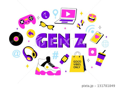 Gen Z Lifestyle Vector Illustration Featuring Growing Up with Internet and Digital Technology, Smartphones and Social Media in a Flat Style Background 131781849