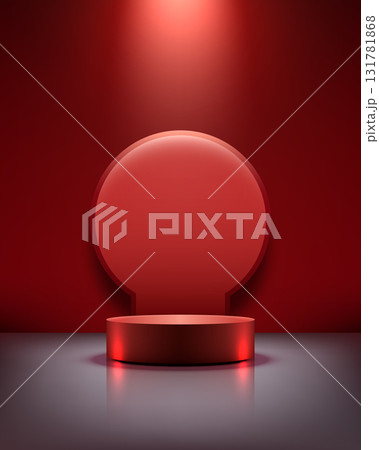 luxury podium stage with metallic red circular design and glossy texture on dark reflective floor illuminated by spotlight for product display mockup showroom background luxury podium stage with metallic red circular design and glossy texture on dark reflective floor illuminated by spotlight for product display mockup showroom background 131781868
