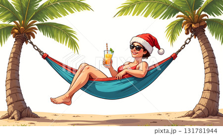 Woman relaxing on hammock with Christmas hat and drink on tropical beach. 131781944