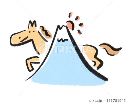 墨絵の富士山と初日の出と笑顔の馬　2026 正月素材 131781945