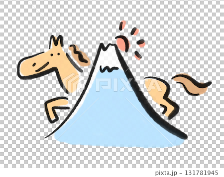 Ink painting of Mt. Fuji, the first sunrise and a smiling horse 2026 New Year's material 131781945