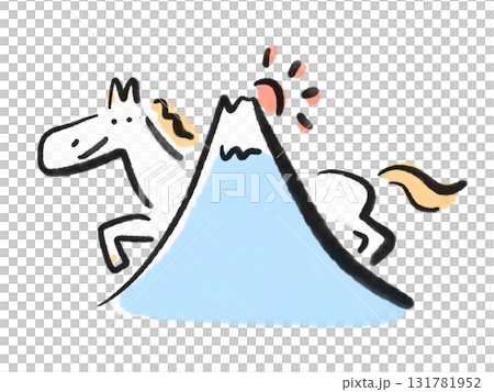 富士山、初升的日出和微笑的白馬的水墨畫 2026 年新年素材 富士山、初升的日出和微笑的白馬的水墨畫 2026 年新年素材 131781952