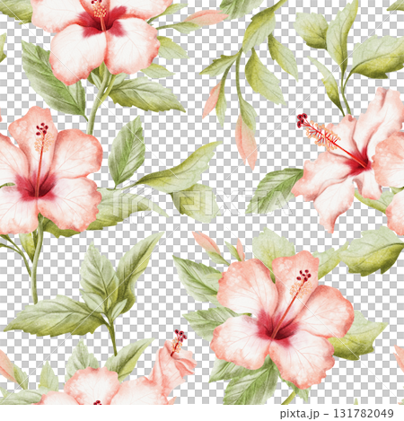 Tropical garden watercolor seamless pattern on white. Red green summer hibiscus flowers and leaves with buds on branches. Hand drawn repeat background with Brazil paradise blooming plants Tropical garden watercolor seamless pattern on white. Red green summer hibiscus flowers and leaves with buds on branches. Hand drawn repeat background with Brazil paradise blooming plants 131782049