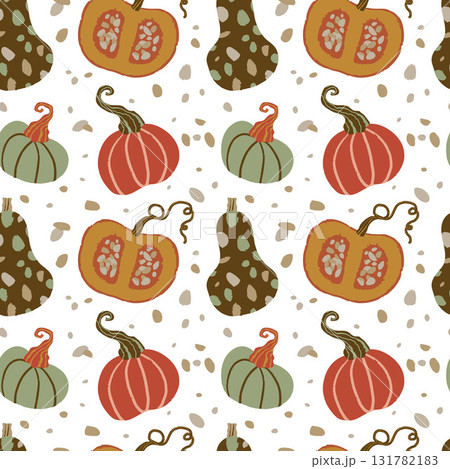 Vector seamless pattern of different pumpkins with leaves on white background, good for design, cards, autumn posters, packaging Vector seamless pattern of different pumpkins with leaves on white background, good for design, cards, autumn posters, packaging 131782183