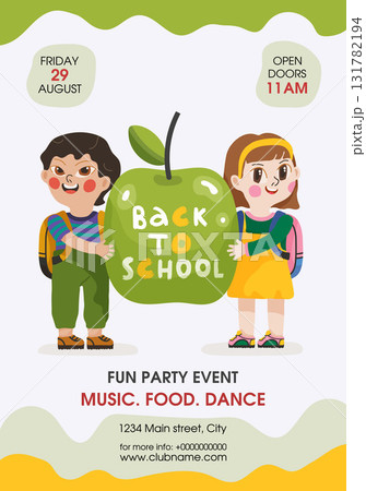 Back to school template vector poster background. Two kids hold on apple 131782194