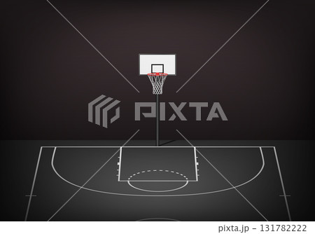 Basketball Court With Hoop on Floor, Vector Illustration. Indoor Basketball Court Half Court Background. Arena Dark Wall. Basketball Court Illustration for Poster, Banner, Header 131782222