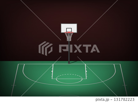 Basketball Court With Hoop on Floor, Vector Illustration. Indoor Basketball Court Half Court Background. Arena Dark Wall. Basketball Court Illustration for Poster, Banner, Header 131782223