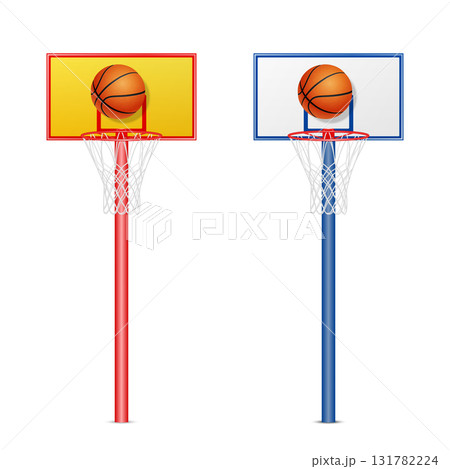 Basketball Hoop Backboard with Ball, Vector Illustration. Basketball Hoop Goal Pair, Red And Blue. Outdoor and Indoor Court Equipment. Basketball Hoop, Rim, Net, Pole, Isolated on White 131782224