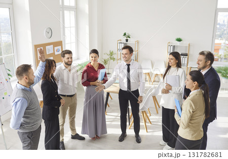 Office staff members meeting, people gathered in coworking area to solve business task, job strategy 131782681