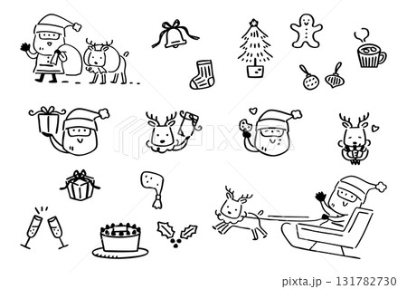 かわいいクリスマスの手描きイラストセット③塗りなし線のみ 131782730