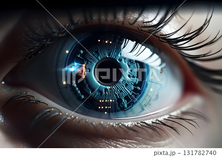 Closeup view of normal human eye with cybernetic pupil. Neural network generated photorealistic image 131782740