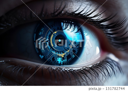 Closeup view of normal human eye with cybernetic pupil. Neural network generated photorealistic image 131782744