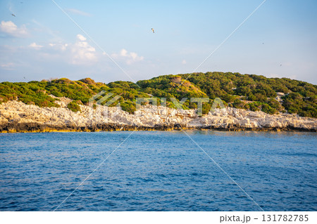 Uninhabited islands of the Lastovo National Park surrounded by calm sea in Croatia. Nature reserve, remote landscape and Mediterranean summer escape 131782785