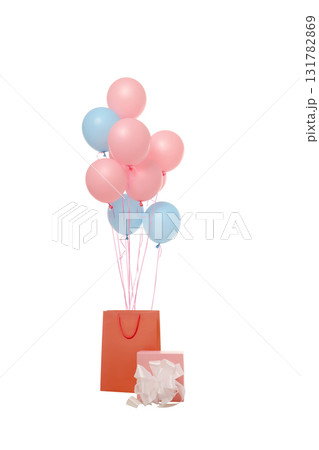 Balloons float above a vibrant gift bag, isolated on white, PNG Balloons float above a vibrant gift bag, isolated on white, PNG 131782869