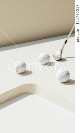Golf club and two golf balls casting shadows on white surface, background 131783017