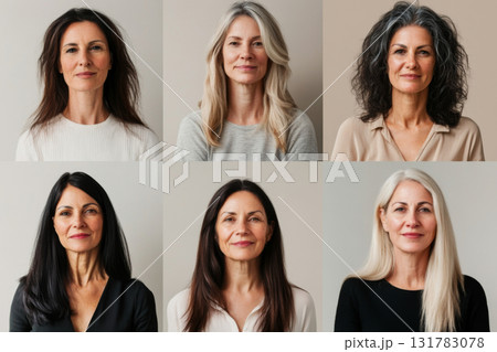 Portraits composite collage of diverse women of various ages and ethnicities against neutral pastel background Portraits composite collage of diverse women of various ages and ethnicities against neutral pastel background 131783078