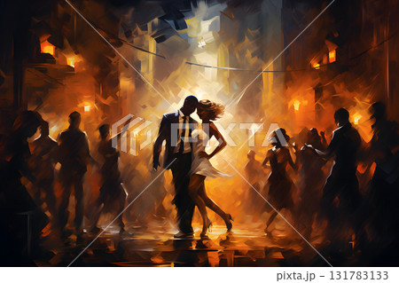 Crowd of dancing people in the night club on the dance floor surrounded with lights and smoke. Neural network generated painting style image 131783133