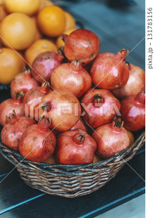 Fresh Pomegranates in Basket at Street Market 131783156