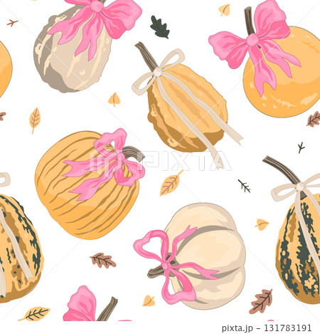 Pumpkins with Coquette Bows Seamless Pattern. Autumn Thanksgiving Prints, Wrapping Paper, Wallpaper, Textiles. Vector illustration 131783191