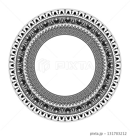 Greek round floral meander, key meander. Black seamless classic greek ornament. Endless European pattern border. Border Ancient Greece, Roman Empire. For textile, engraving, embroidery, porcelain Greek round floral meander, key meander. Black seamless classic greek ornament. Endless European pattern border. Border Ancient Greece, Roman Empire. For textile, engraving, embroidery, porcelain 131783212